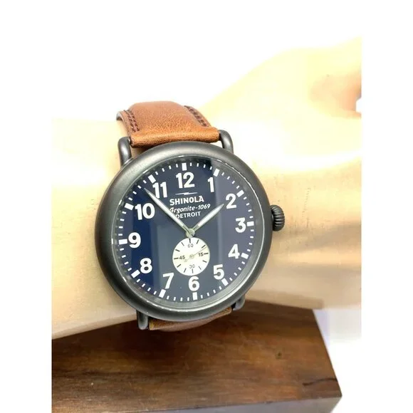 Shinola Men's Watch S0120065287 Runwell Quartz Blue Dial Brown Leather 47mm